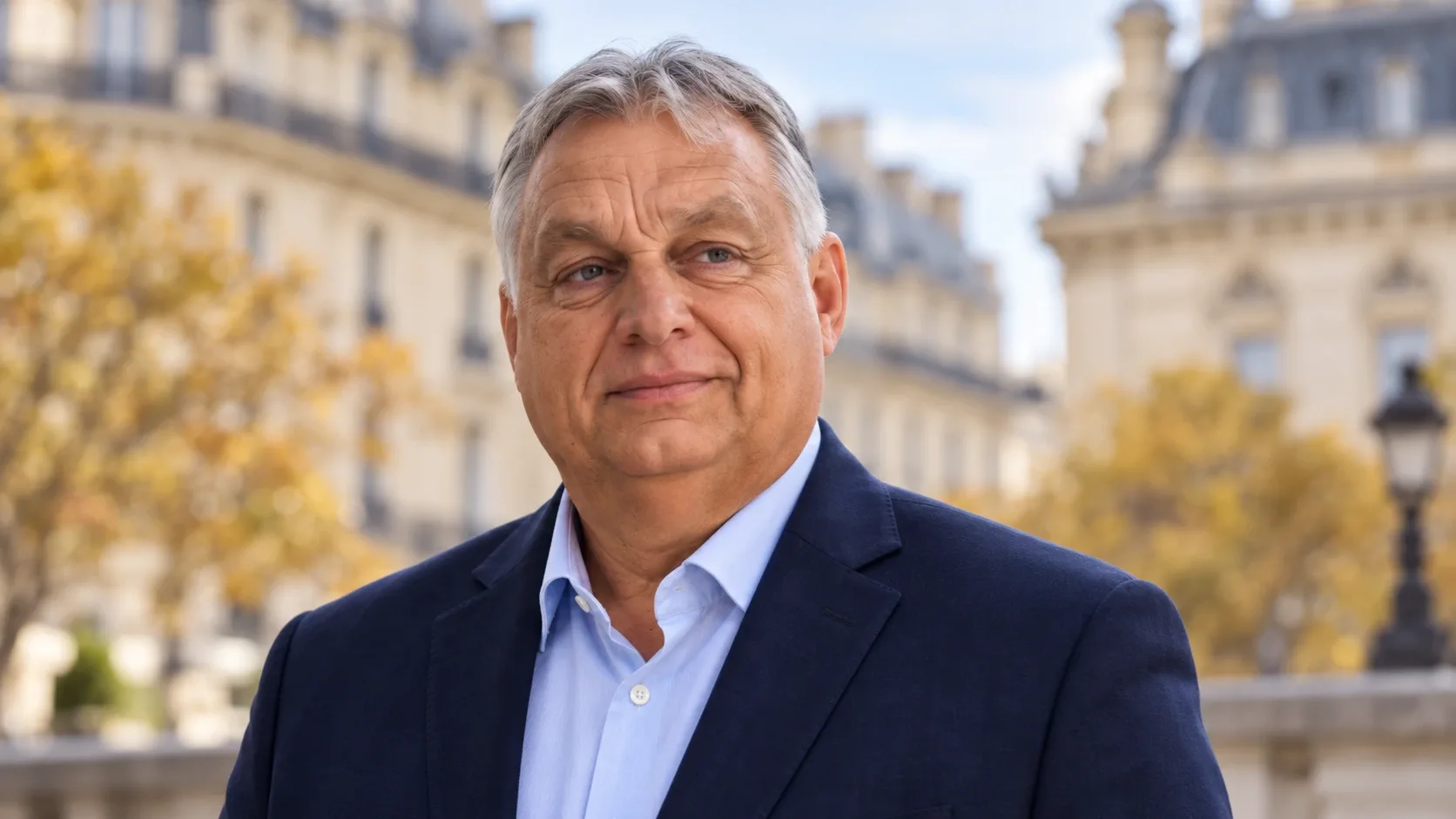 Orbán Viktort ábrázoló AI-generált portré, háttérben párizsi utcaképpel.