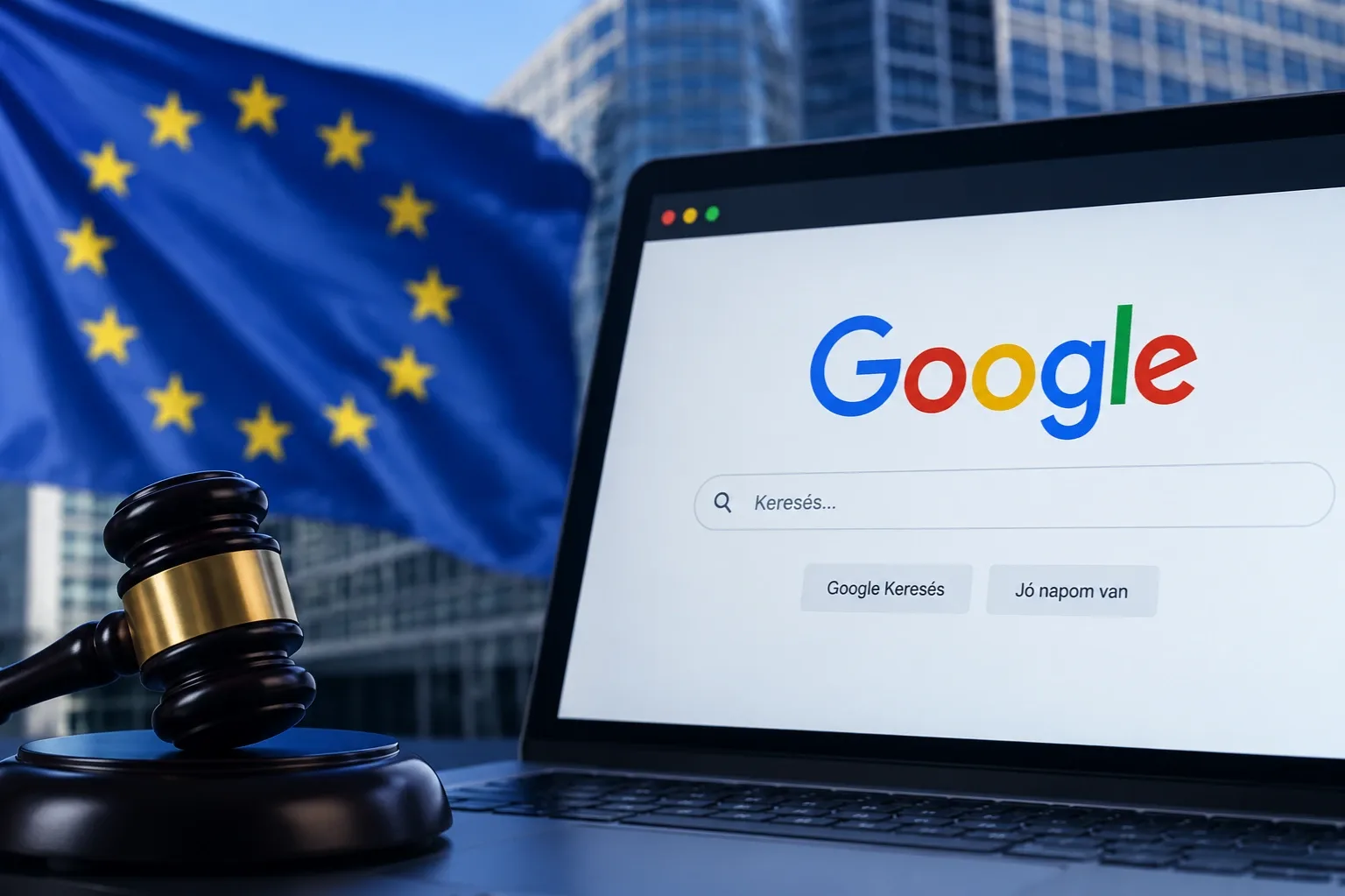 Google kereső egy laptop képernyőjén, uniós zászlóval és bírói kalapáccsal – illusztráció