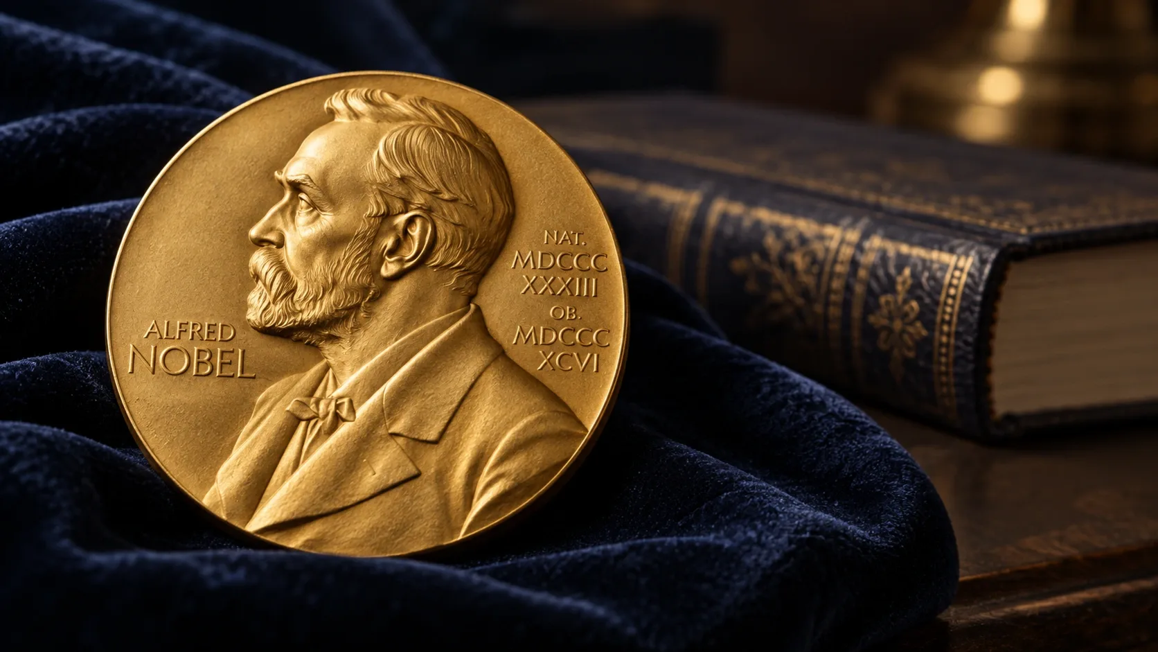 Alfred Nobel arcképét ábrázoló aranyszínű érem sötétkék bársonyon, egy könyv mellett.
