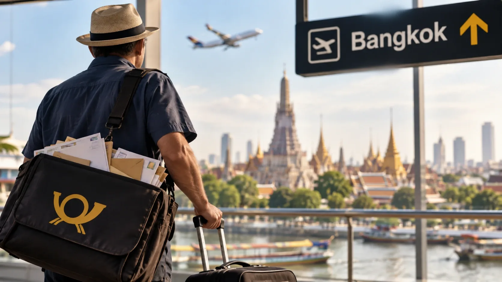 Bőrönddel és levelekkel utazó postás Bangkokban – illusztráció