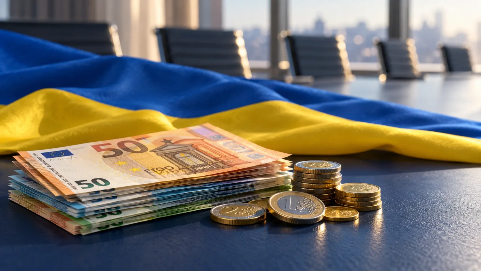 Euróbankjegyek és érmék egy tárgyalóasztalon, mögöttük ukrán zászló. AI-generált illusztráció.