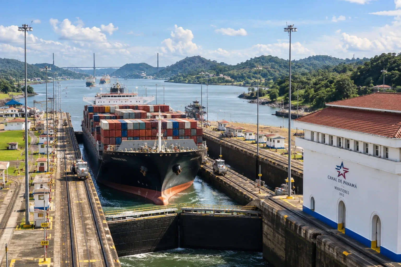 Konténerszállító hajó halad át a Panama-csatorna zsiliprendszerén – AI-generált illusztráció