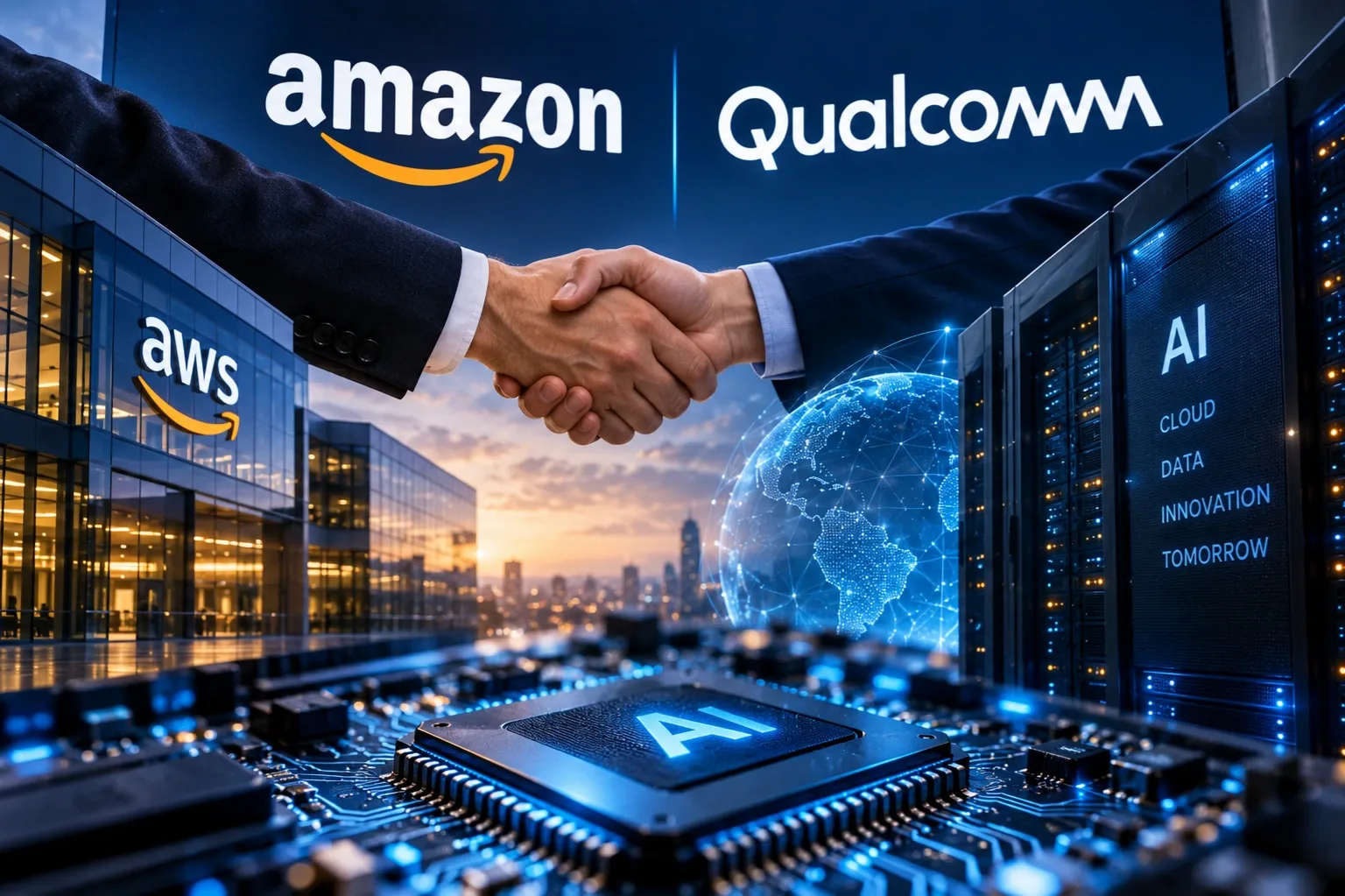 AI-generált illusztráció az Amazon és a Qualcomm együttműködéséről, AI-chippel és adatközponttal.