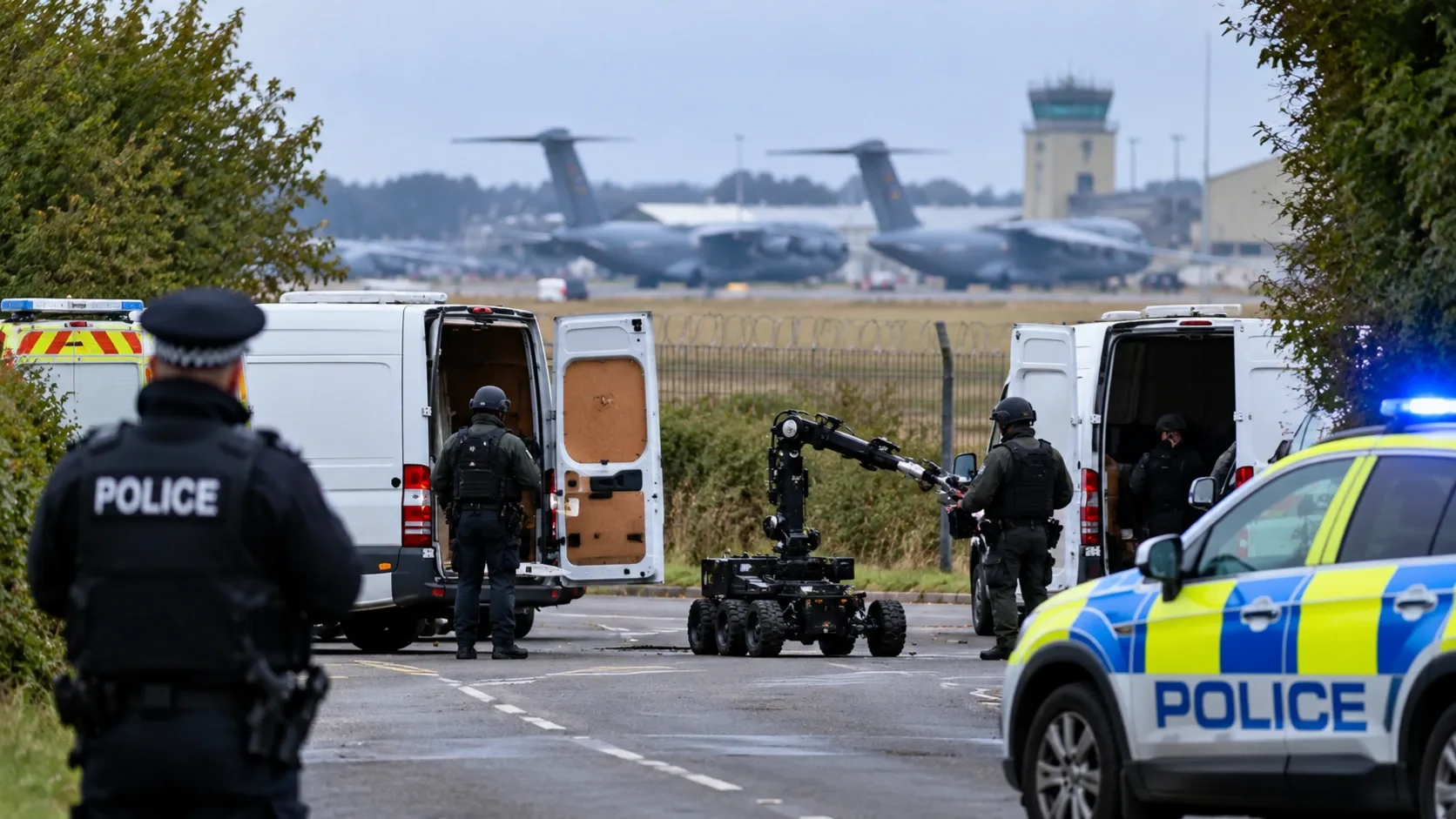 Brit rendőrök és tűzszerészrobot egy katonai légibázis közelében, fehér furgonok vizsgálata közben. Illusztráció.