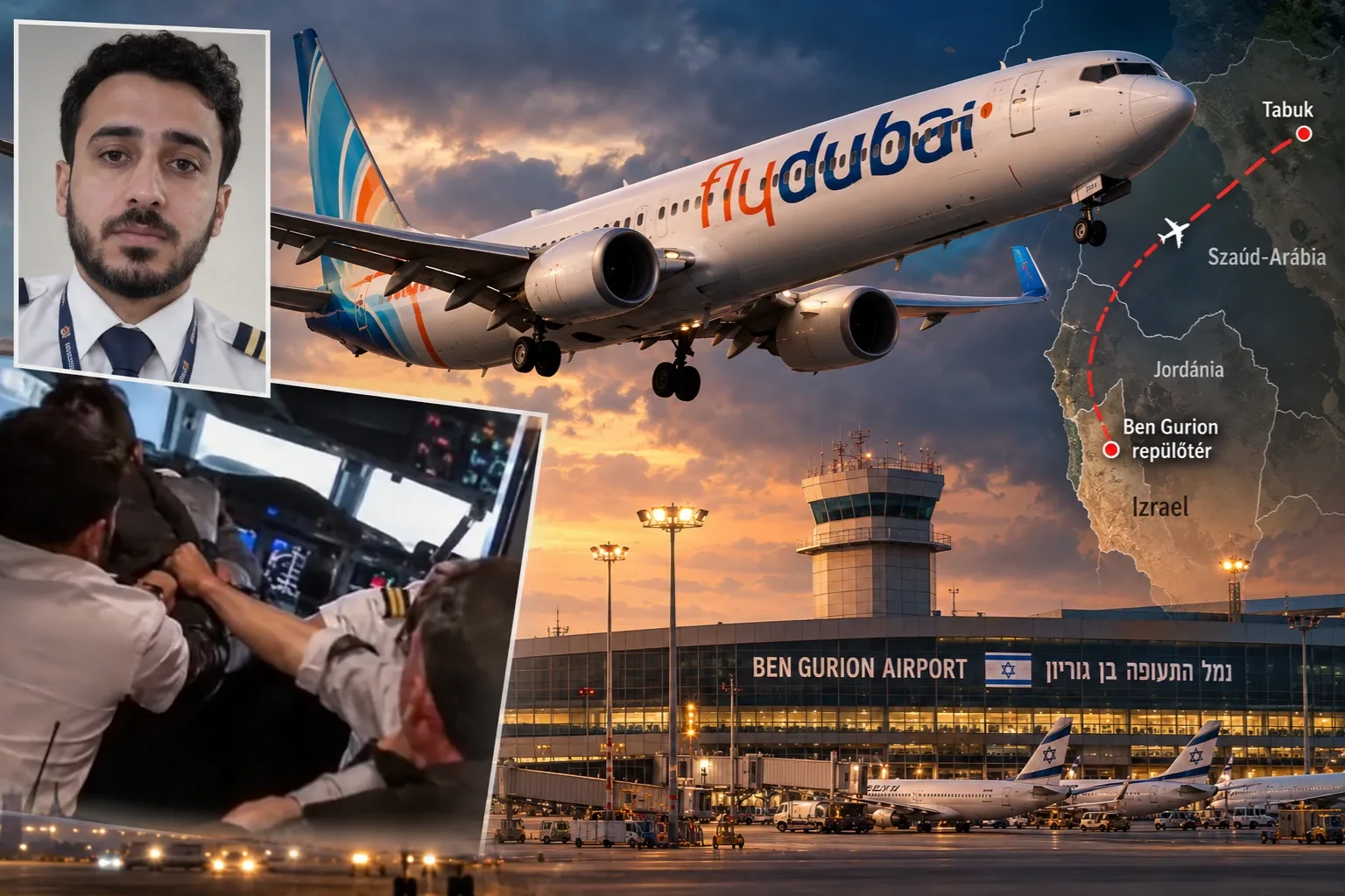 Flydubai repülőgép és a Ben Gurion repülőtér – AI-generált illusztráció.