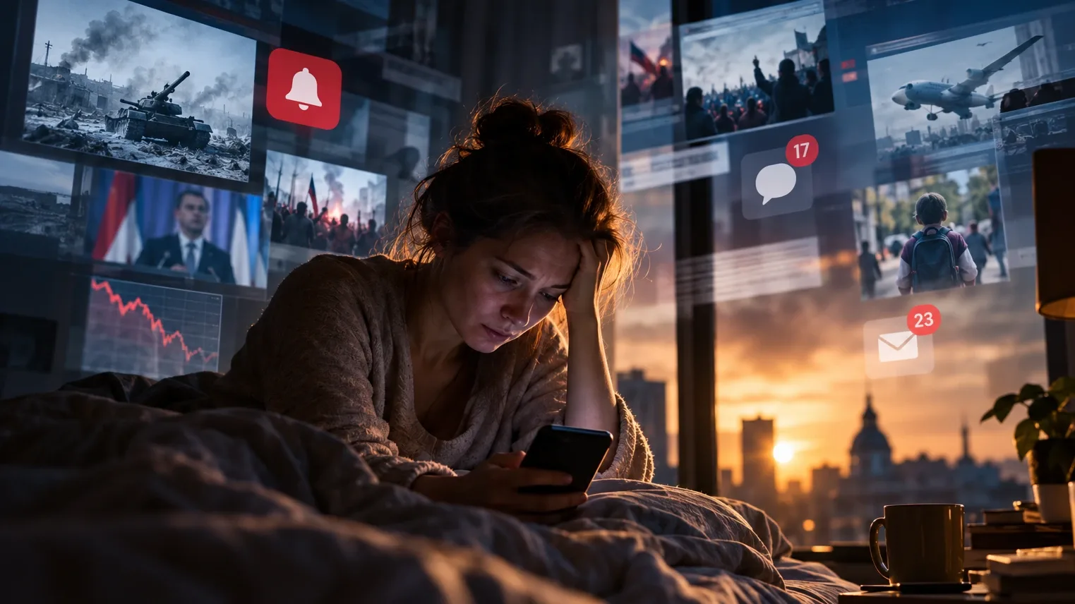 Fáradt nő az ágyon telefonnal a kezében, körülötte hírek, értesítések és világpolitikai eseményeket idéző képernyők.