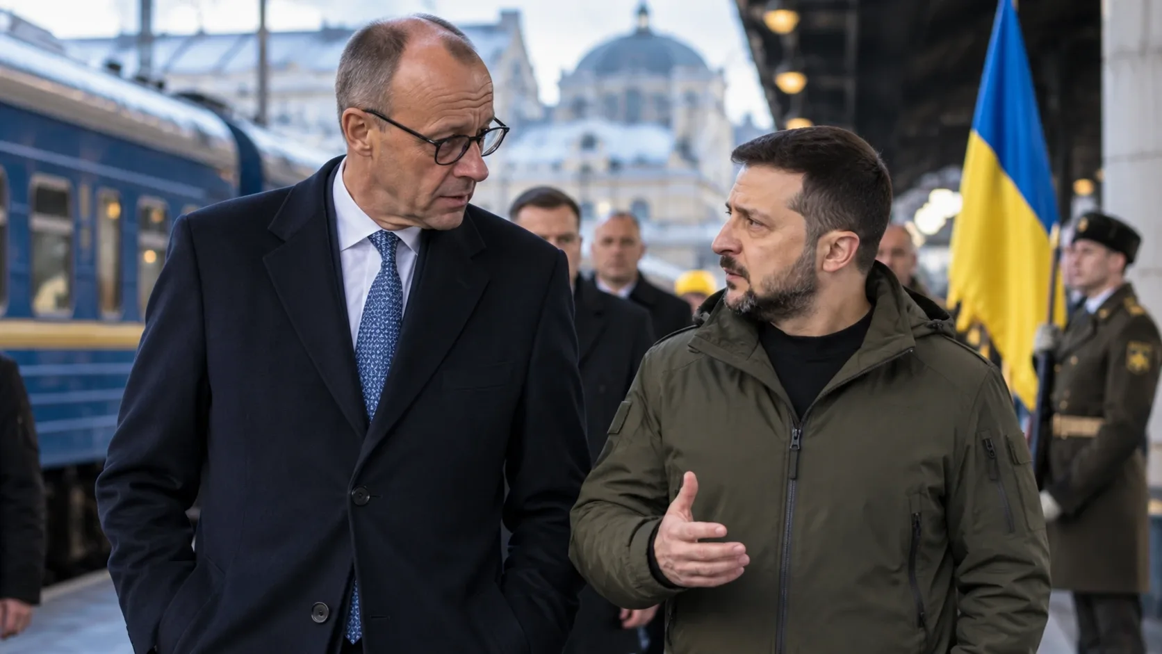 Illusztráció Friedrich Merz német kancellár kijevi látogatásáról és Volodimir Zelenszkij ukrán elnökkel folytatott tárgyalásairól. A megbeszélések középpontjában a német katonai és energetikai támogatás, valamint a közös dróngyártás áll.