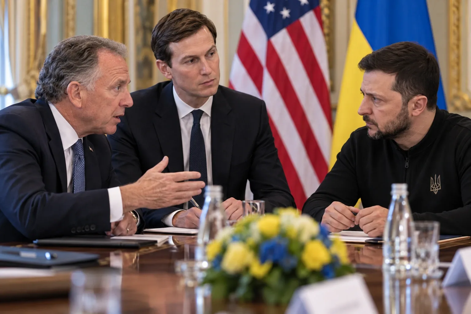 Steve Witkoff, Jared Kushner és Volodimir Zelenszkij tárgyalását ábrázoló AI-generált illusztráció amerikai és ukrán zászlókkal.