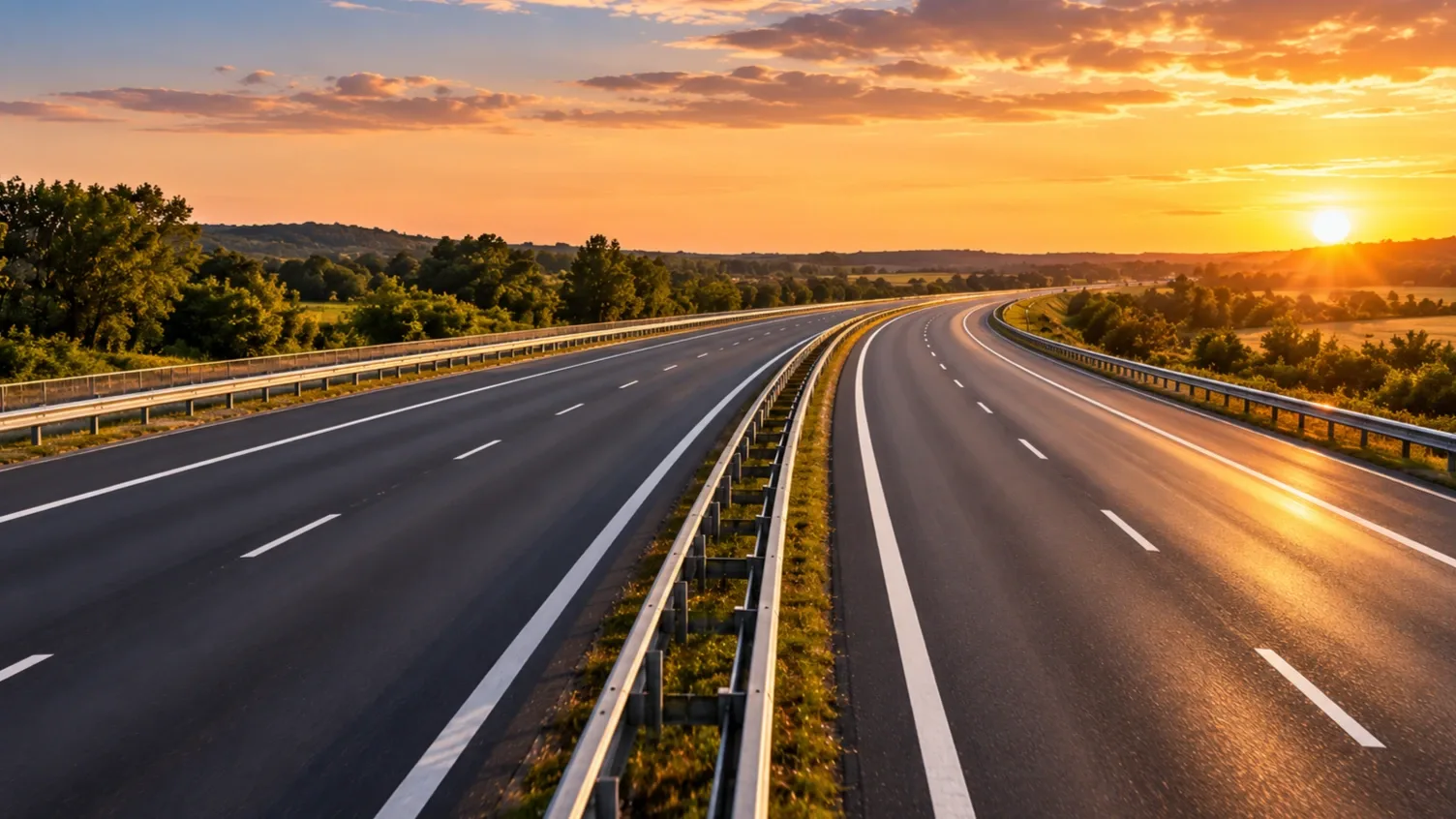 M6-os autópálya naplementében, üres útpályával és zöld tájjal a háttérben.