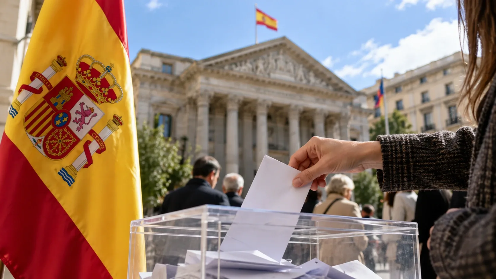 Szavazólapot helyeznek az urnába spanyol zászló mellett – illusztráció.