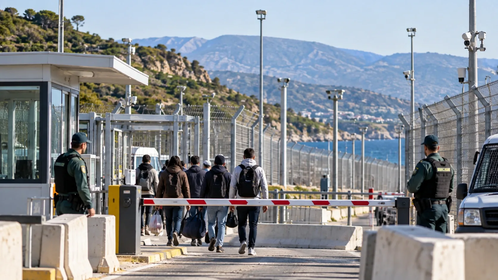 Migránsok érkeznek egy szigorúan őrzött határátkelőhelyhez – illusztráció.