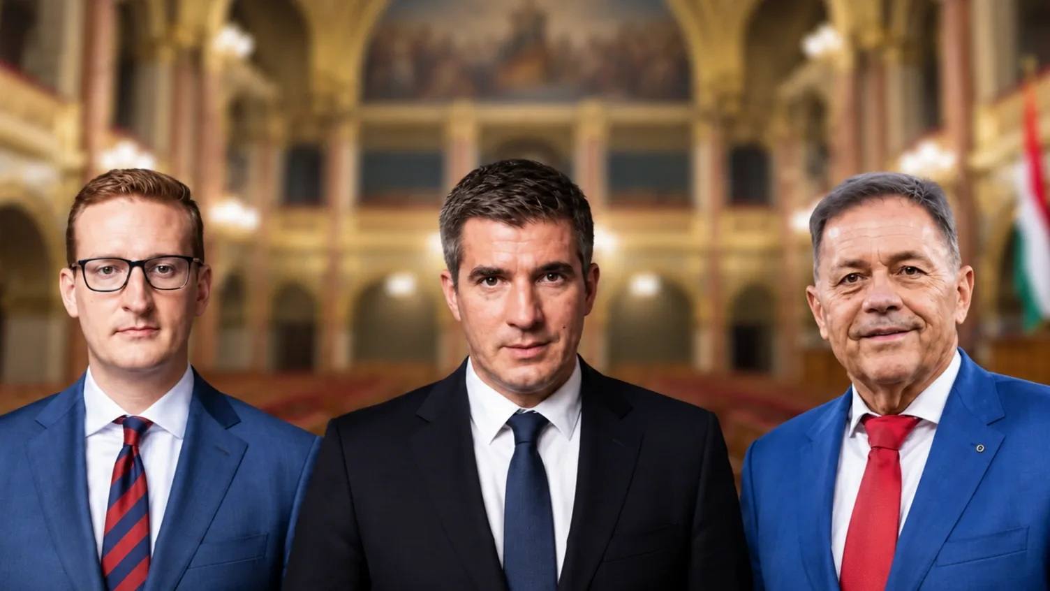 Kocsis Máté, Panyi Miklós és Pócs János portréja elmosódott parlamenti háttér előtt.