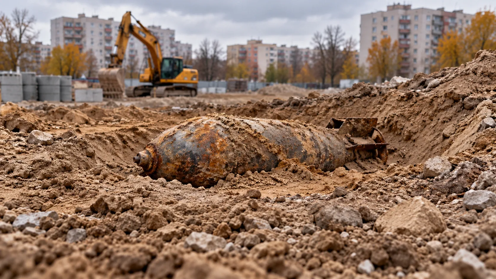 Rozsdás bomba egy építkezés földjében, háttérben markoló és lakóépületek.
