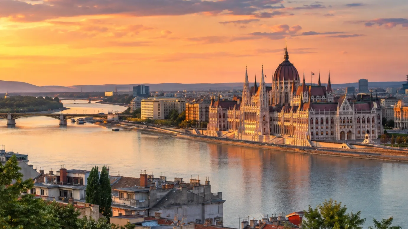 Budapest látképe a Dunával és az Országház épületével naplementében.