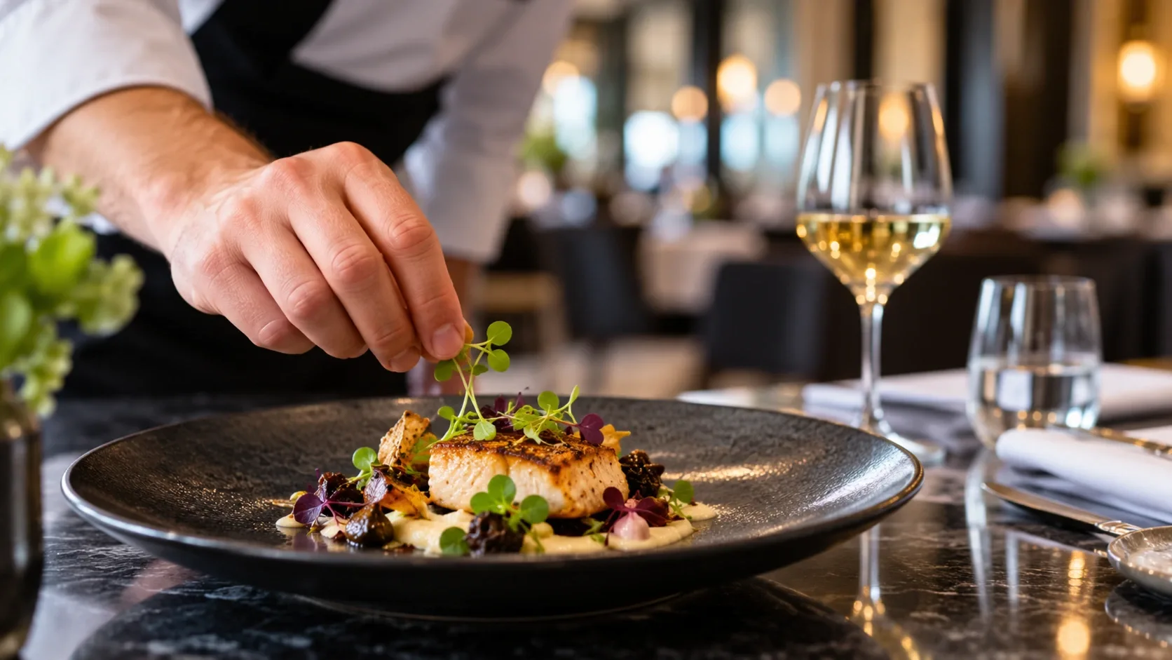 Séf egy elegáns étteremben fine dining fogást készít
