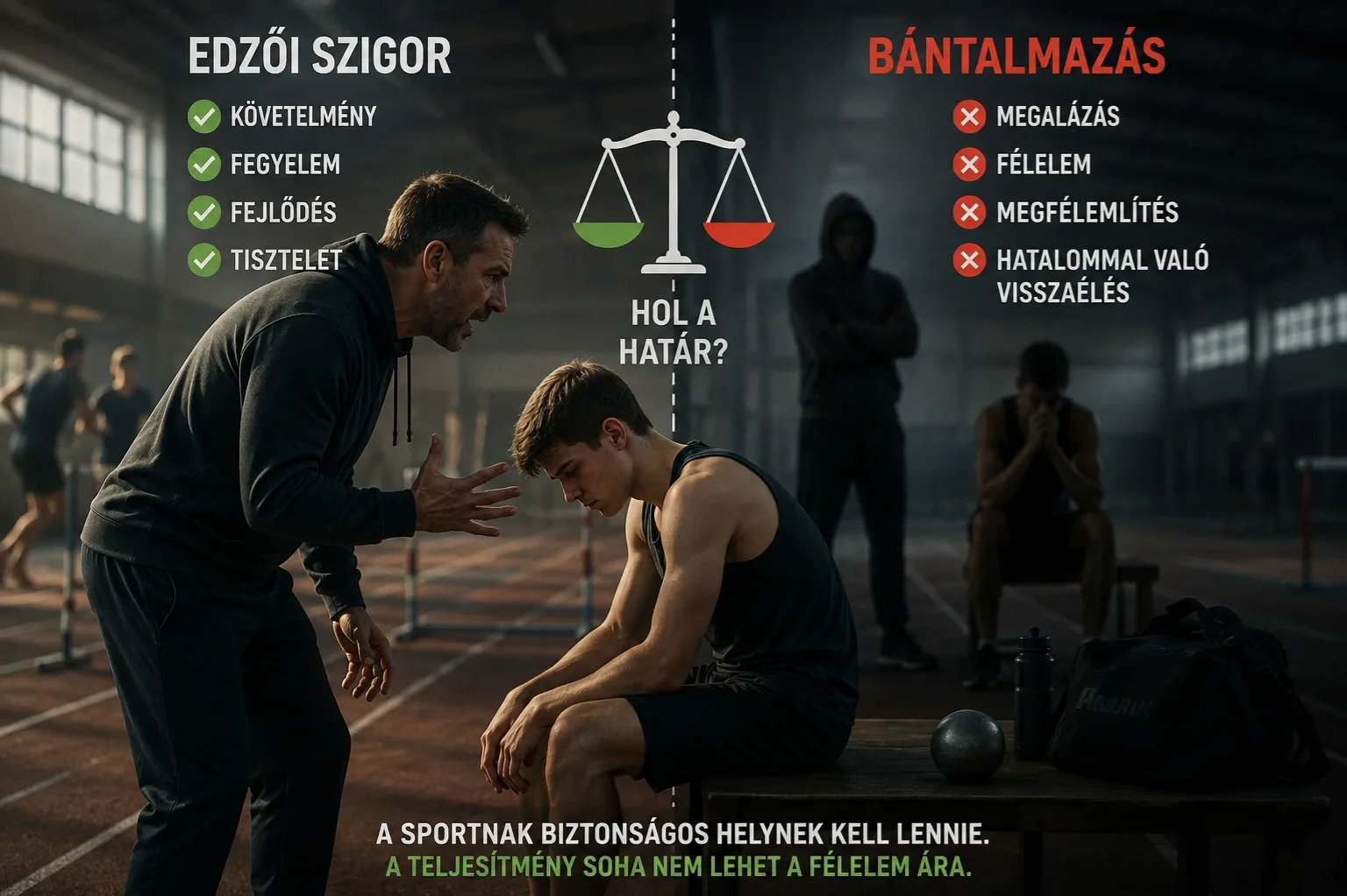Illusztráció az edzői szigor és a bántalmazás közötti határról a sportban.