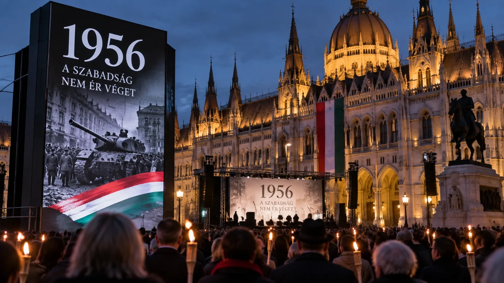 Az 1956-os forradalom 70. évfordulójának Kossuth téri megemlékezését ábrázoló illusztráció a Parlament előtt.