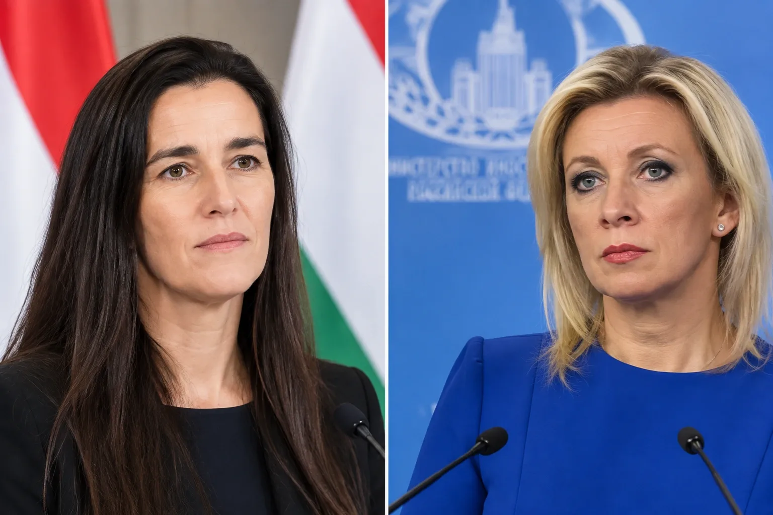 Orbán Anita és Marija Zaharova portréja egy diplomáciai témájú illusztráción.