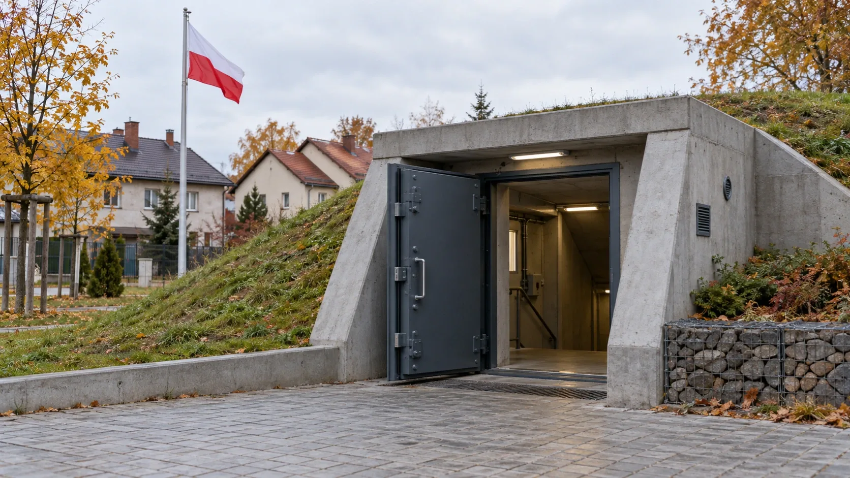 Betonból épült óvóhely nyitott acélajtóval, mellette lengyel zászló, háttérben lakóházak és őszi fák.