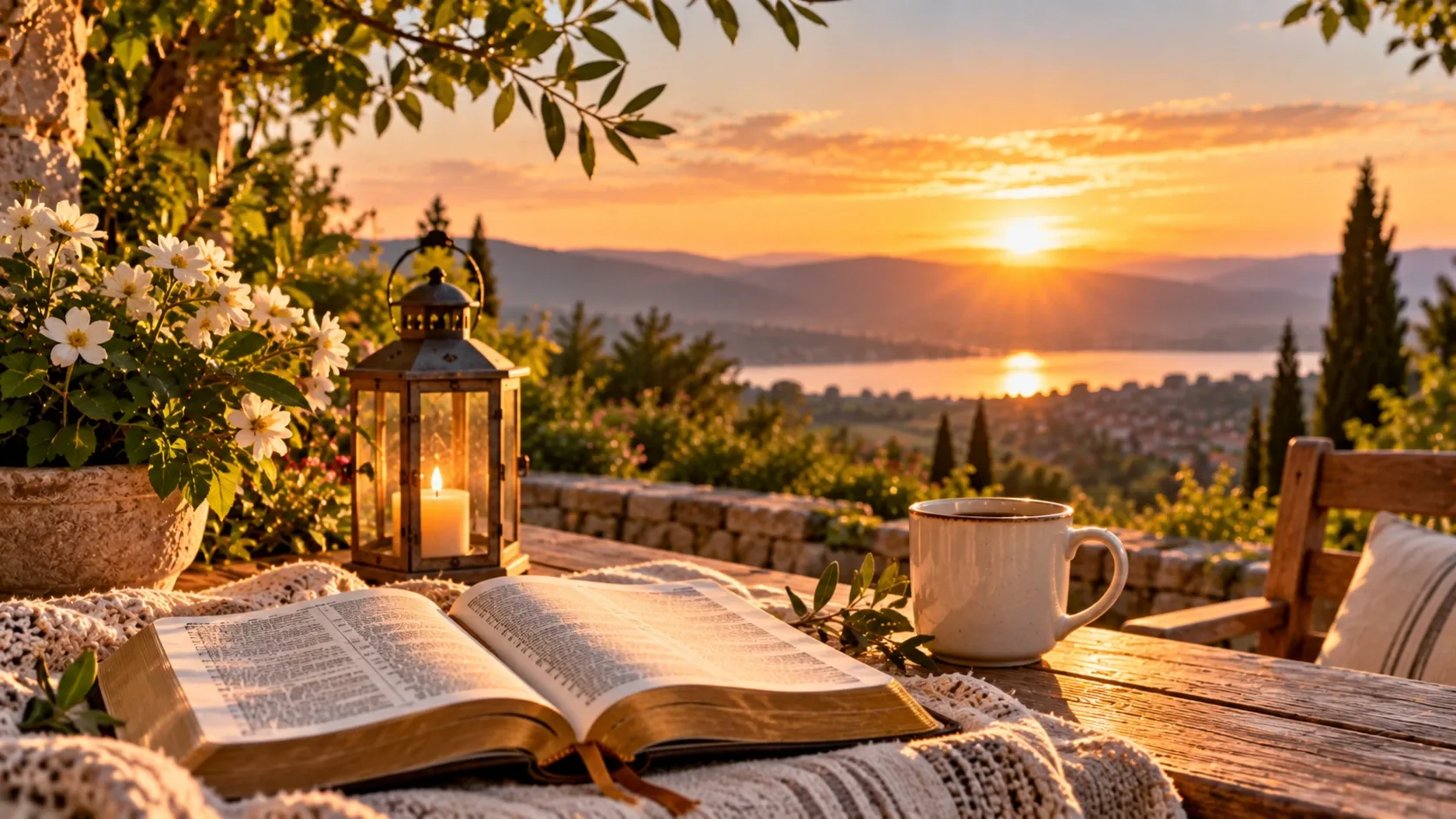 Nyitott Biblia egy asztalon a felkelő nap fényében, békés reggeli környezetben.