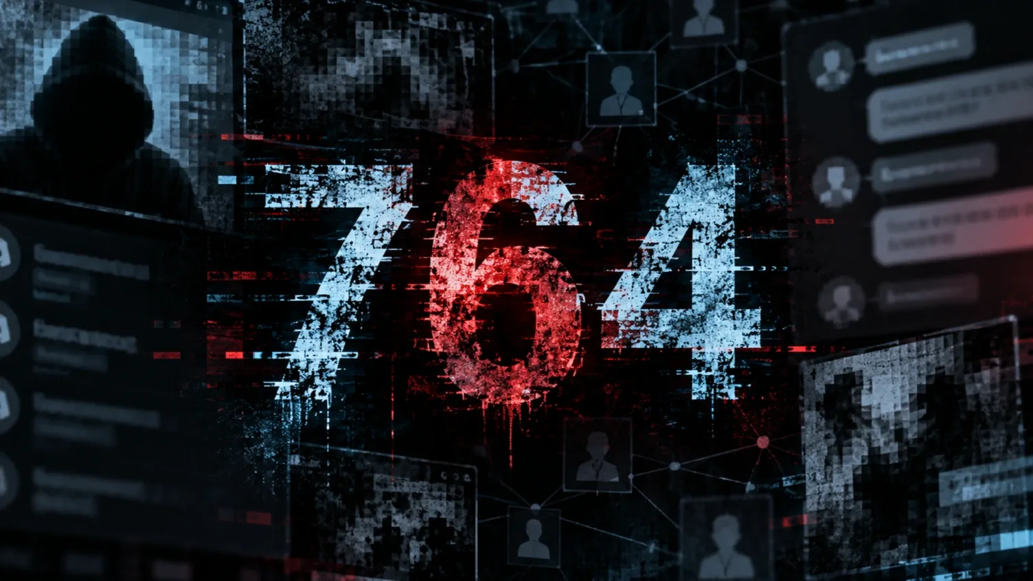 Sötét digitális illusztráció a 764-es számmal, közösségi platformokra és online hálózatokra utaló elemekkel, az internetes manipuláció veszélyeit jelképezve.
