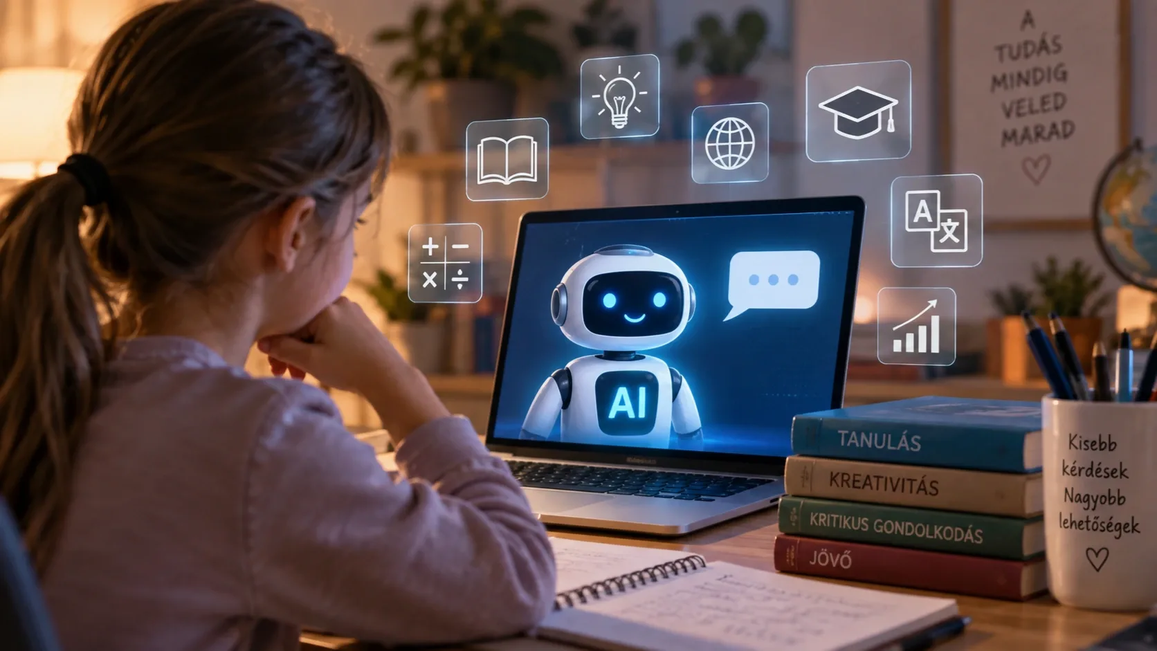 Gyerek tanul laptop előtt, miközben mesterséges intelligenciát használ – illusztráció.