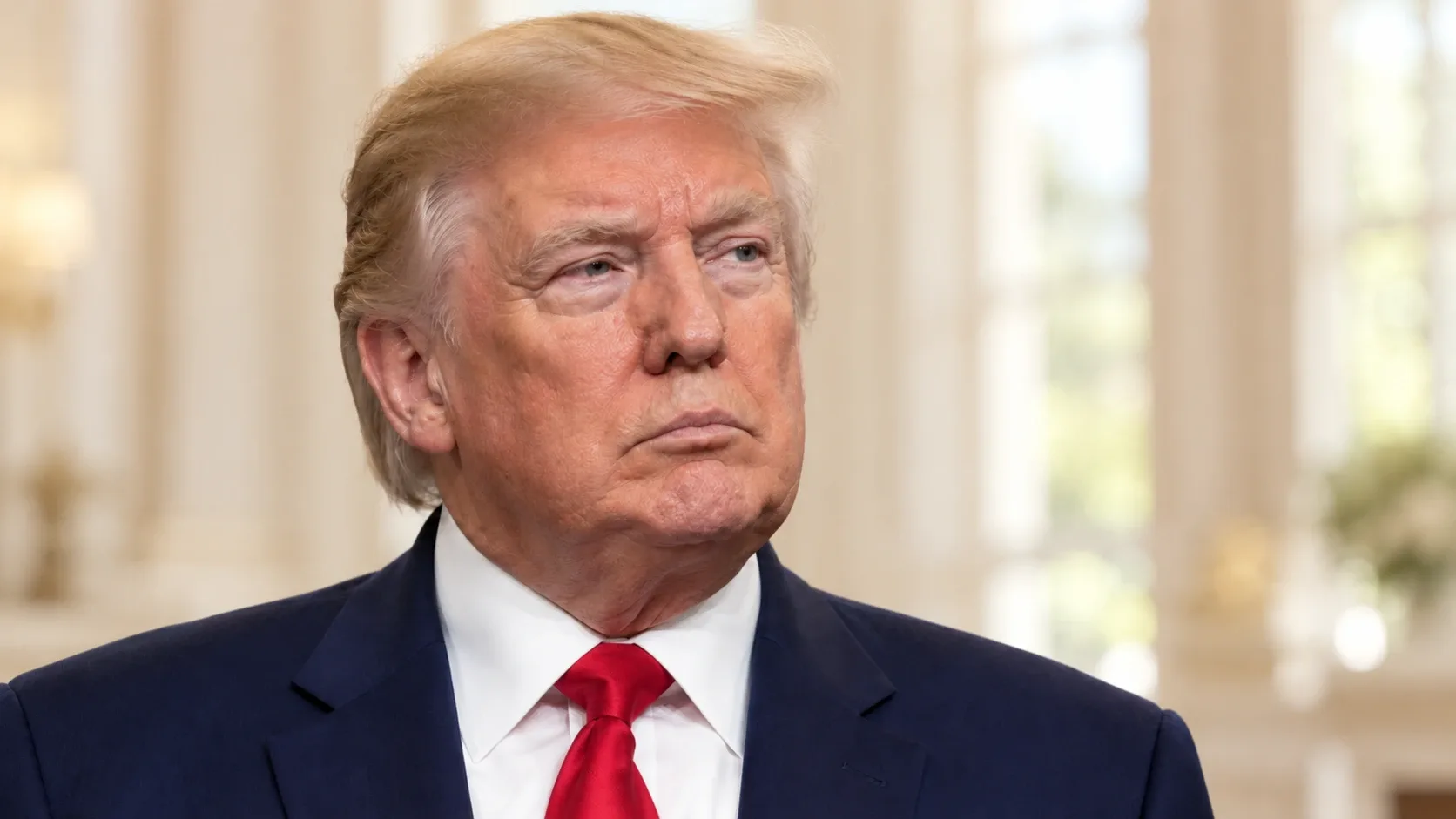 Donald Trump AI-generált portréja sötét öltönyben, piros nyakkendővel, világos háttér előtt.