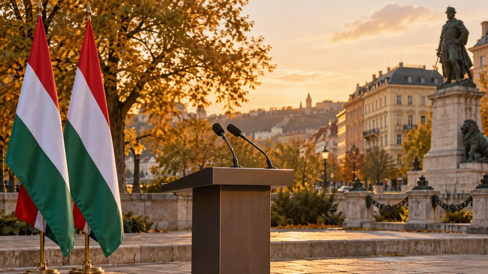 Magyar zászlók egy üres szónoki emelvény mellett, őszi városi háttérrel – AI-generált illusztráció.