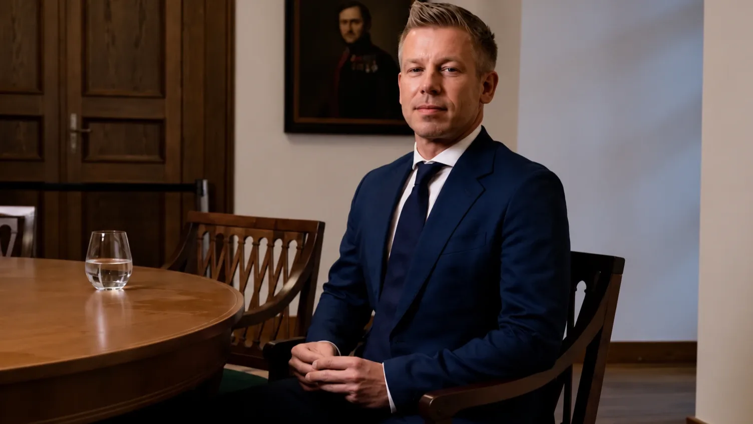 Magyar Péter sötétkék öltönyben, egy faasztal mellett ül.