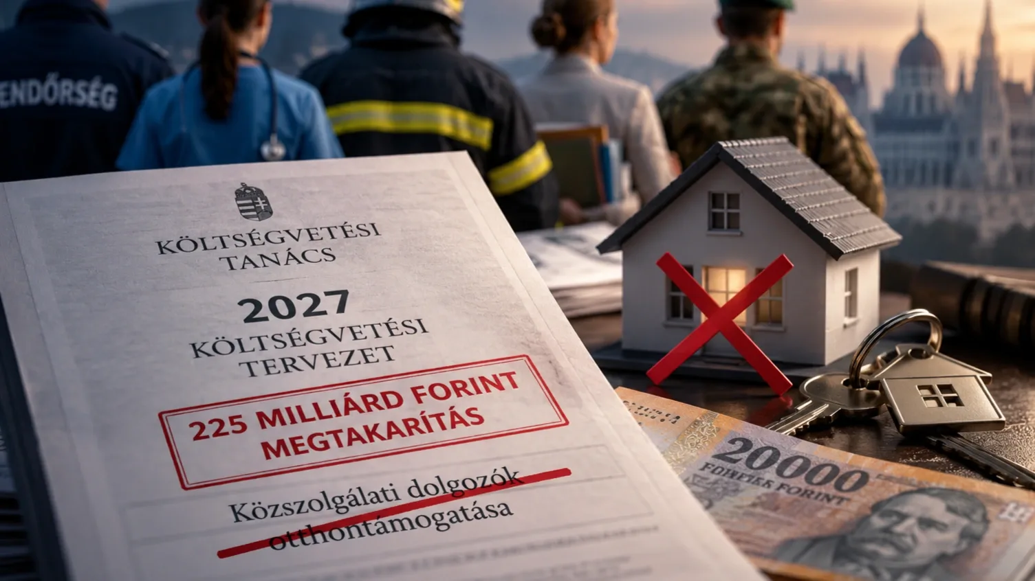 közszolgálati dolgozók otthontámogatásának tervezett megszüntetését szemléltető illusztráció: 225 milliárd forintos költségvetési megtakarítás, áthúzott házmodell, rendőrök, egészségügyi dolgozók és katonák.