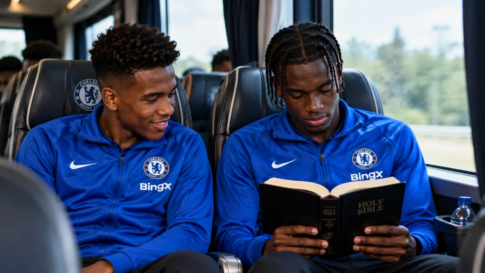 Estêvão Willian és Jamie Gittens a Chelsea csapatbuszán, Gittens Bibliát olvas – AI-generált illusztráció.