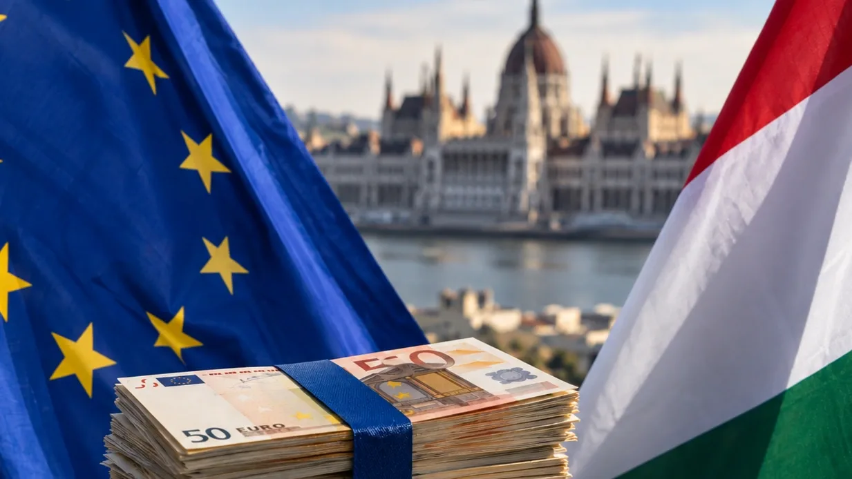 Euróbankjegyek az Európai Unió és Magyarország zászlaja előtt, háttérben a Parlamenttel, az uniós források felszabadítását jelképező borítóképen.