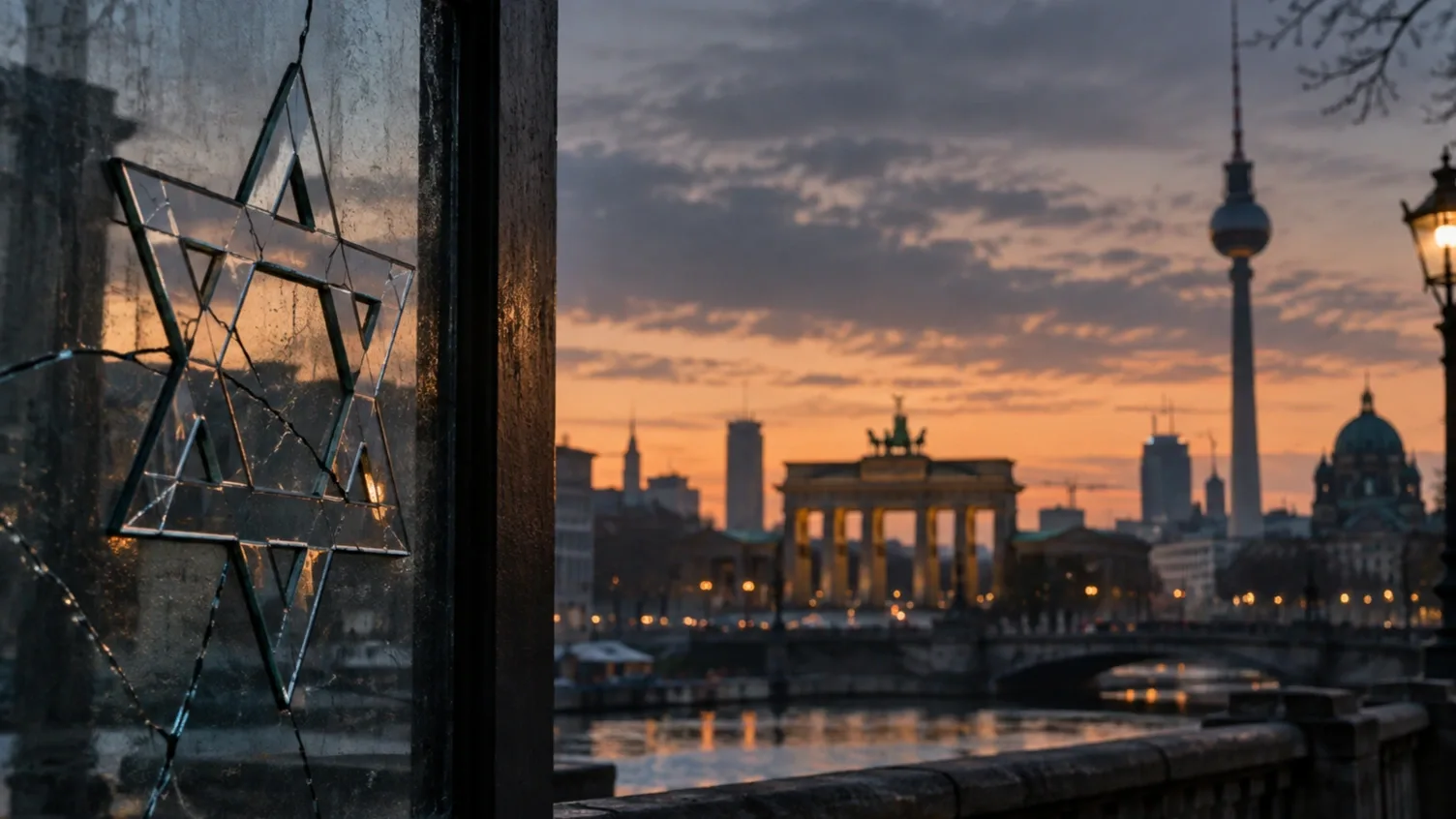 Repedt Dávid-csillag üvegfelületen, háttérben Berlin jellegzetes városképe alkonyatkor.