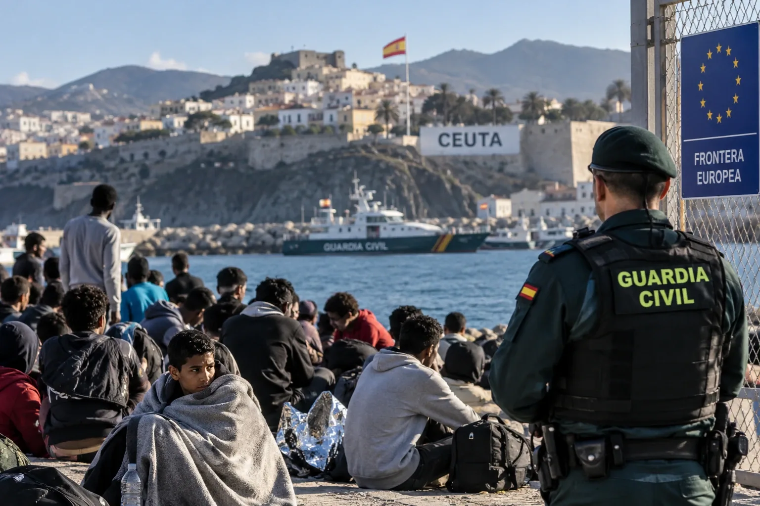 Migránsok és spanyol határőr Ceutában, az Európai Unió külső határán – illusztráció.
