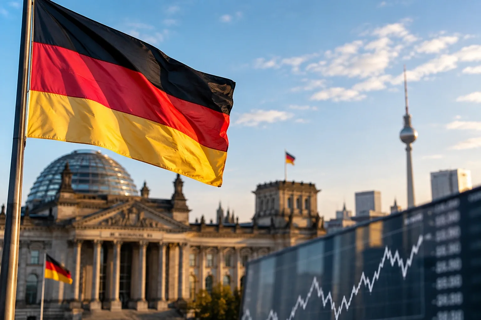 Német zászló Berlinben, a háttérben a Reichstag épületével és gazdasági grafikon illusztrációjával.
