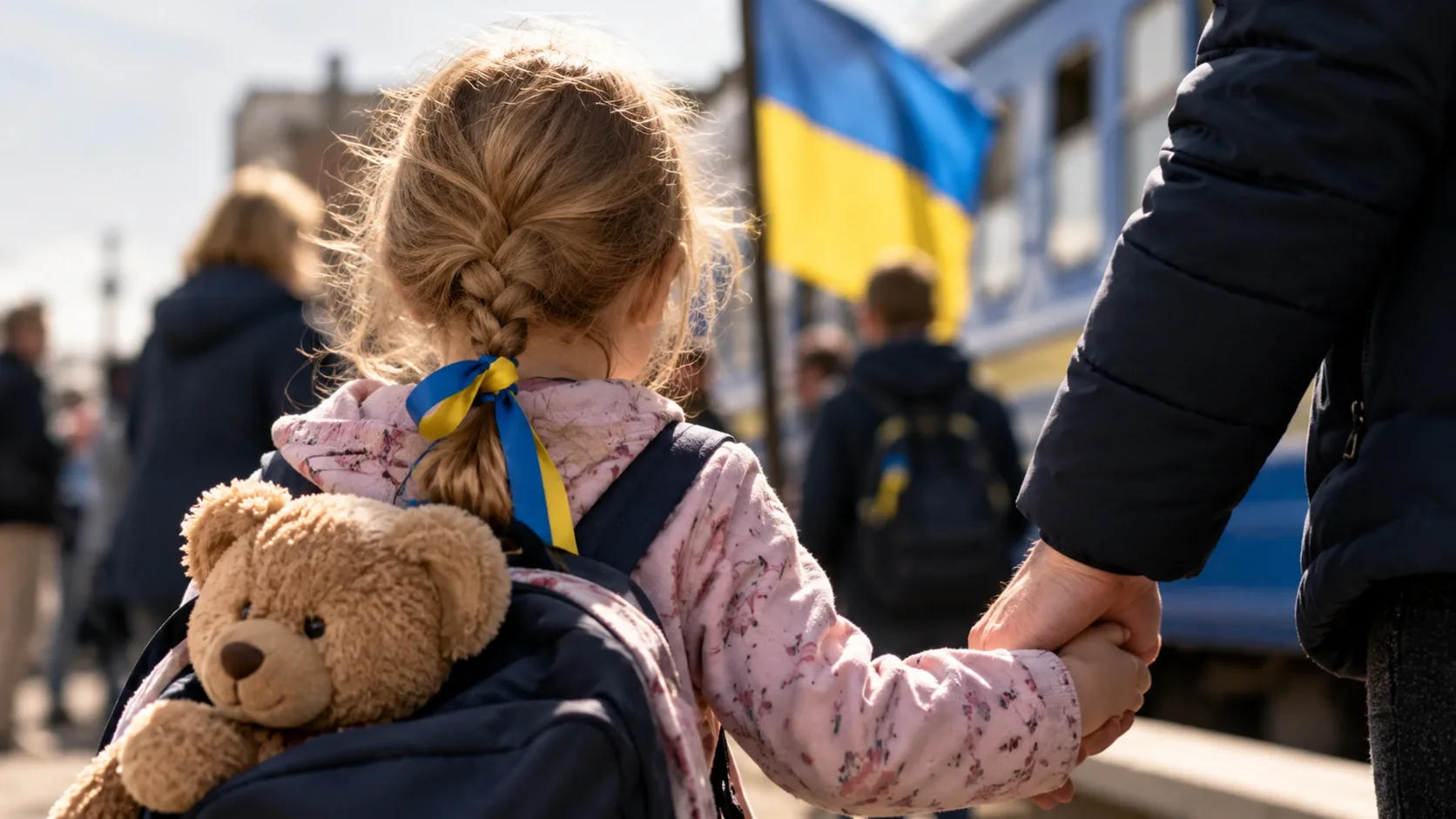 Hazatérő ukrán gyermek egy felnőtt kezét fogja, ukrán zászlóval a háttérben.