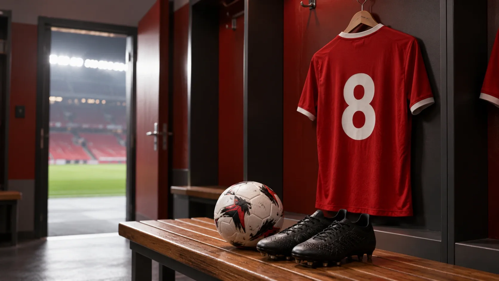 Piros, 8-as futballmez, labda és futballcipők egy öltözőben – AI-generált illusztráció.