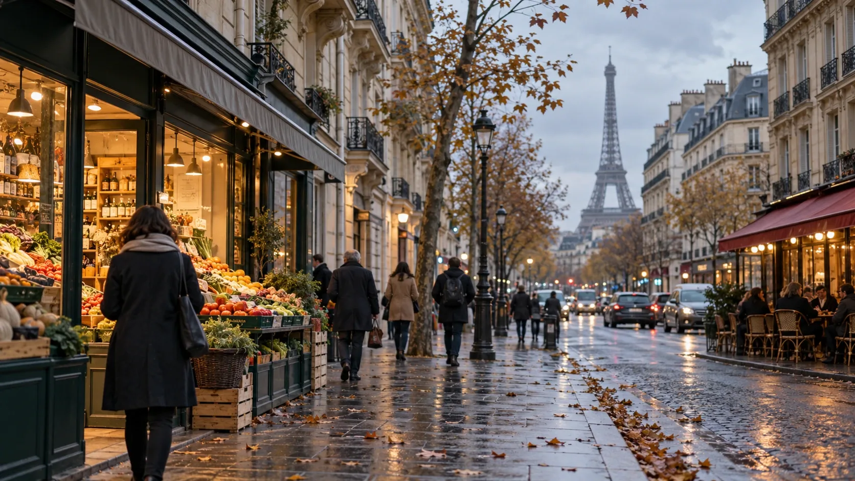 Őszi párizsi utca élelmiszerüzlettel és kávézóval, háttérben az Eiffel-toronnyal.