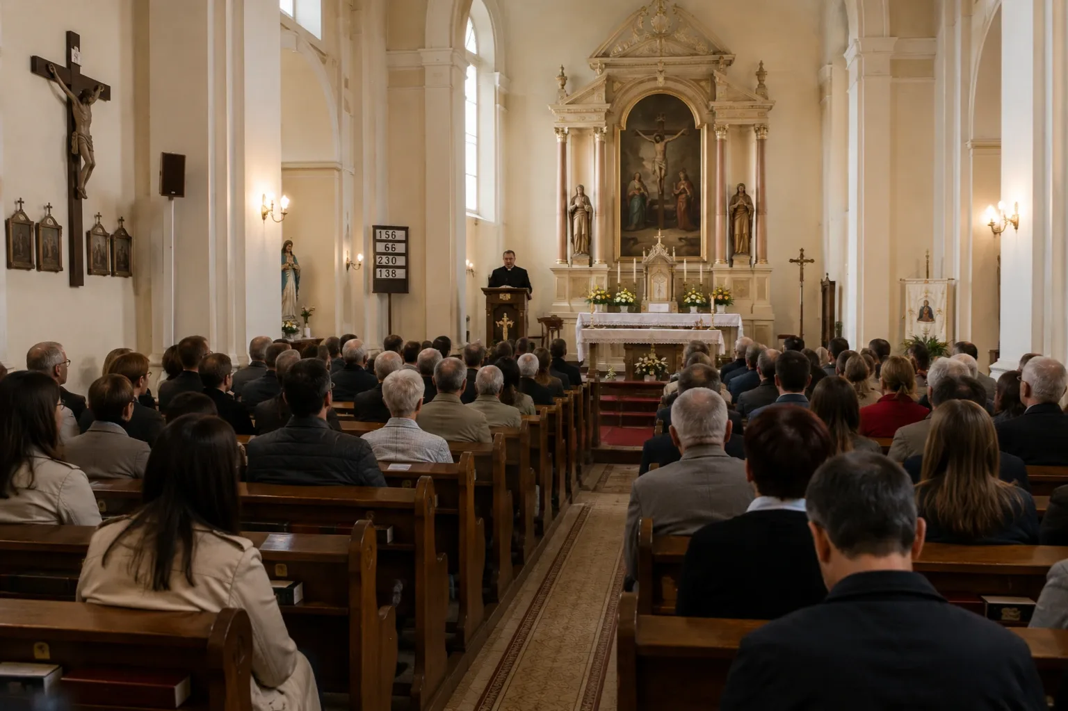 Hívek hallgatják a prédikációt egy keresztény templomban – illusztráció.