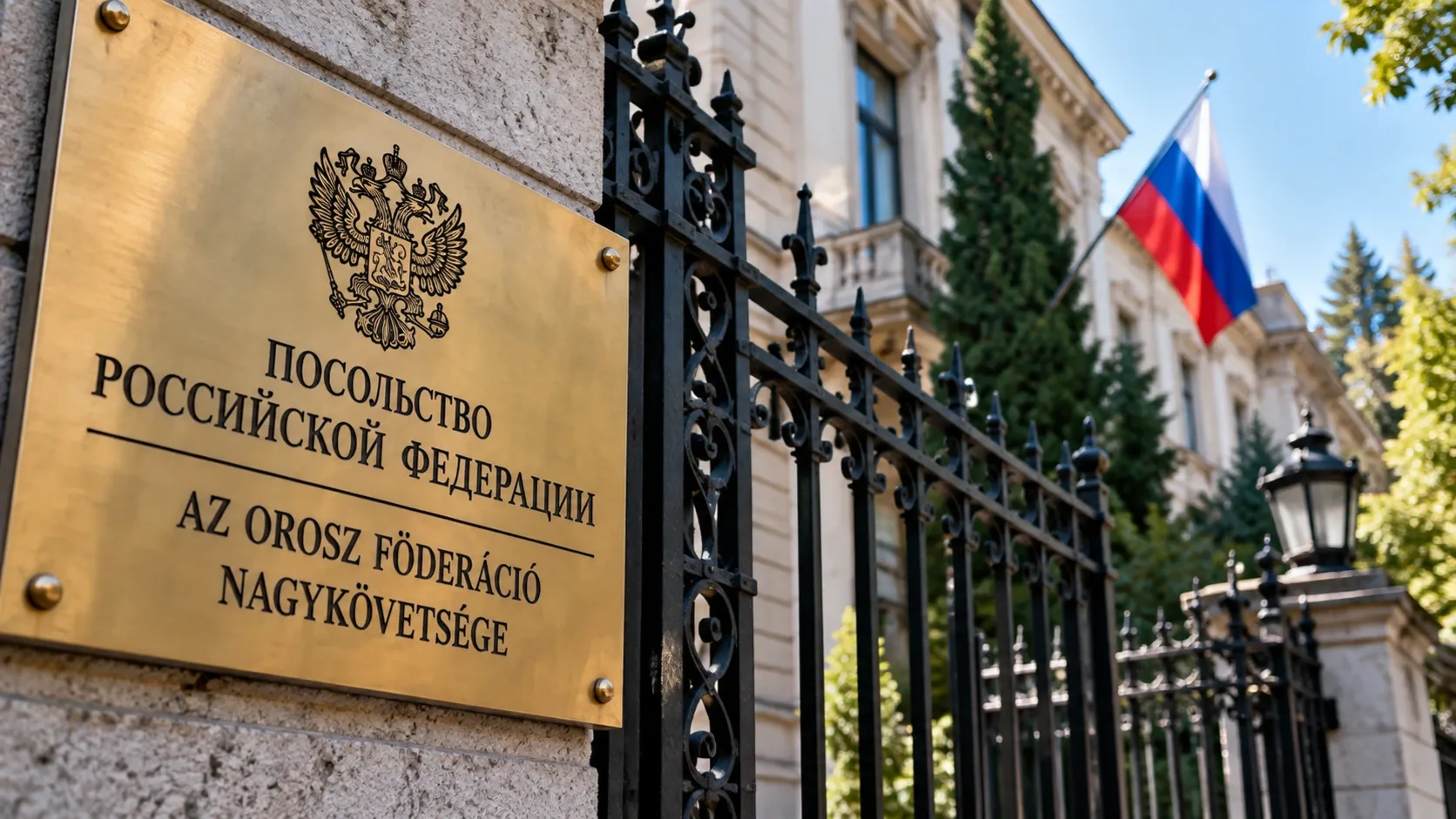 Oroszország budapesti nagykövetségének bejárata orosz zászlóval – illusztráció.