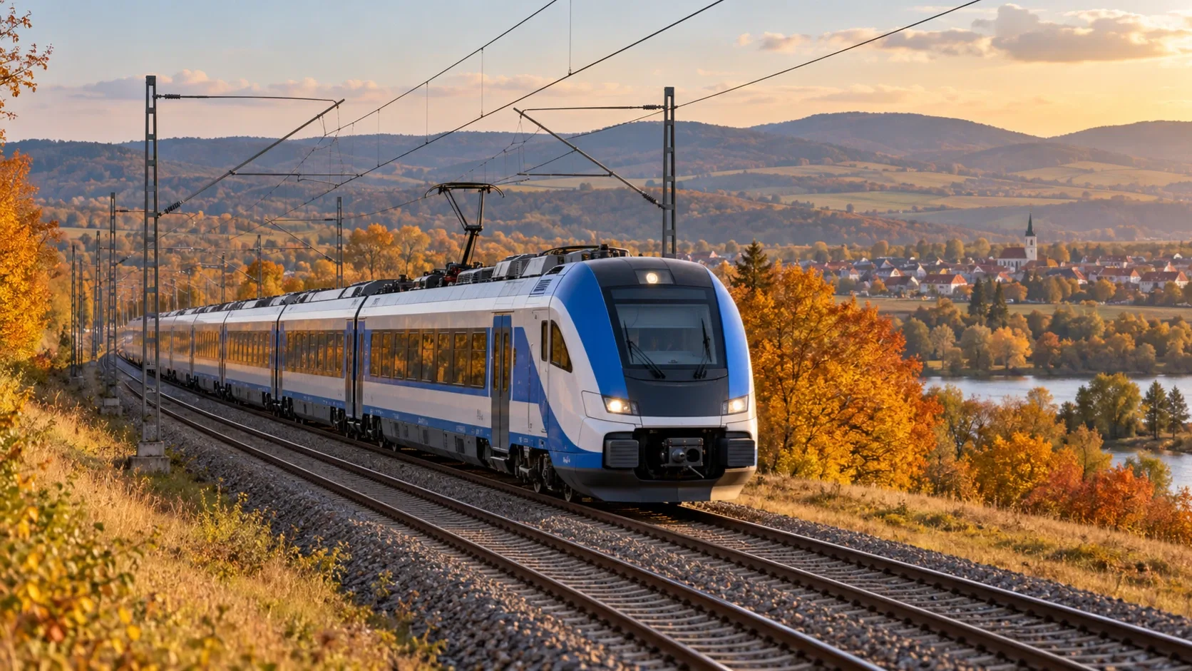 Kék-fehér személyvonat villamosított vasútvonalon, őszi tájban.