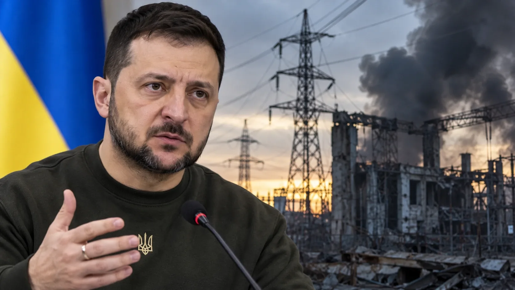 Volodimir Zelenszkij ukrán elnök és megrongálódott energetikai infrastruktúra – illusztráció.