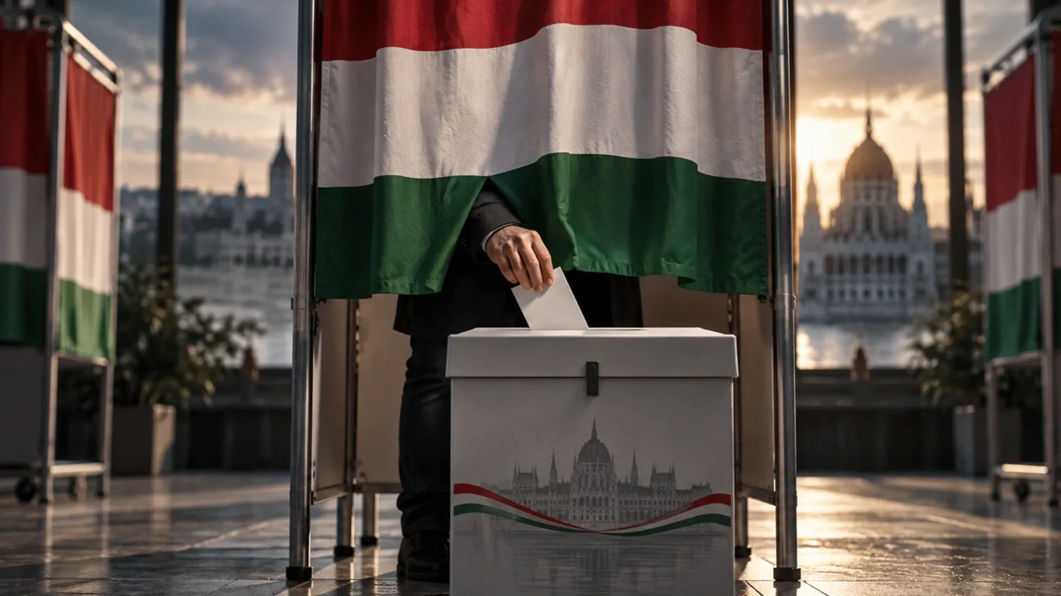 Szavazó adja le voksát egy magyar nemzeti színekkel díszített szavazófülkénél, választási illusztráció.