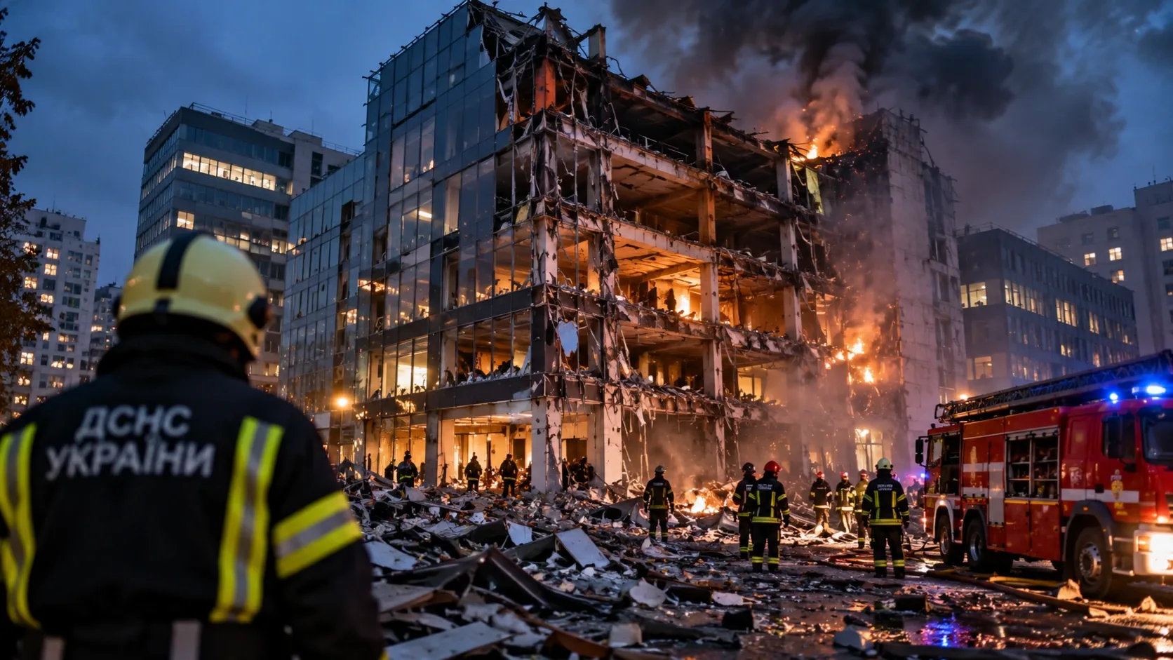 Ukrán tűzoltók dolgoznak egy súlyosan megrongálódott épületnél egy orosz támadás után – illusztráció.