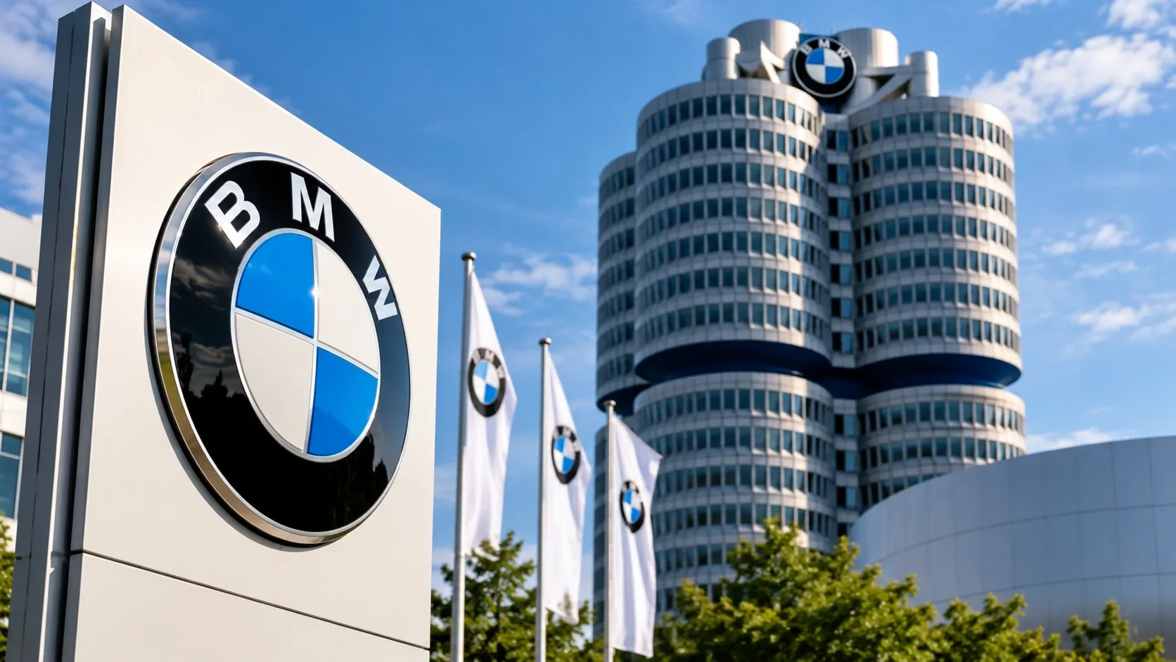 A BMW logója és a vállalat központját ábrázoló épület – illusztráció.