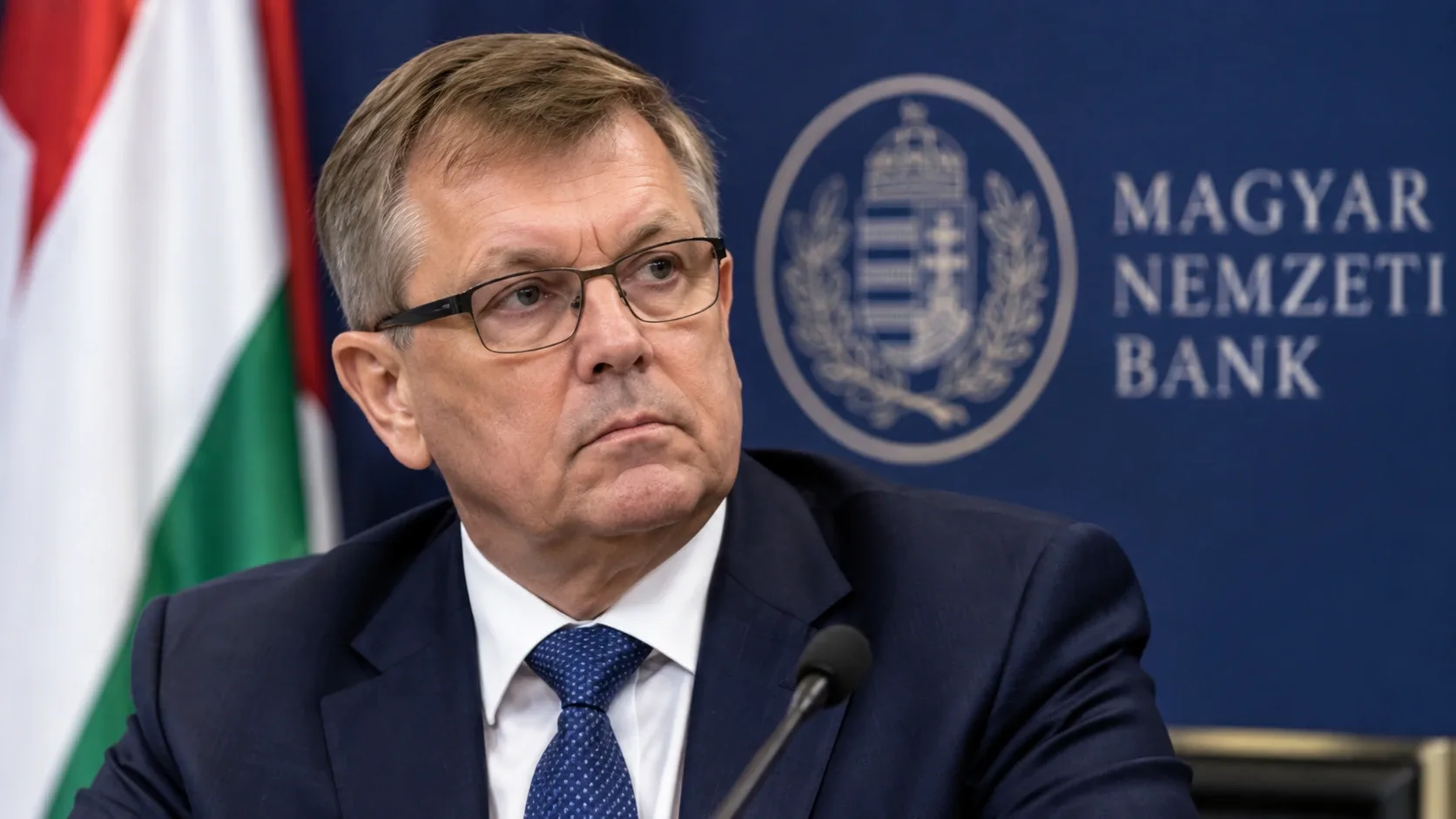 Matolcsy György volt jegybankelnököt ábrázoló illusztráció a Magyar Nemzeti Bank háttere előtt.