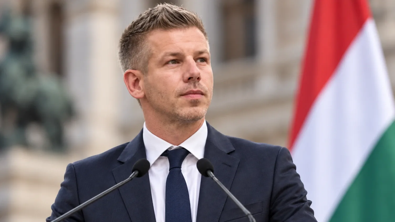 Magyar Péter sajtótájékoztatón, magyar zászló előtt, mikrofonoknál beszél.