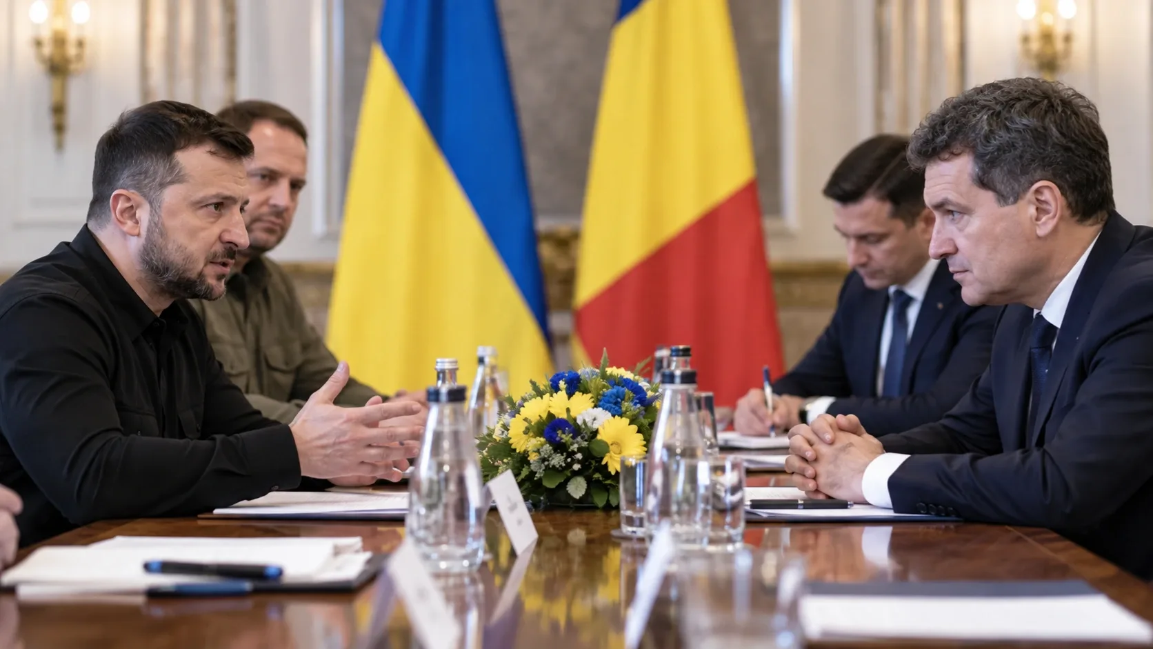 AI-generált illusztráció Volodimir Zelenszkij és Nicușor Dan ukrán–román tárgyalásáról, ukrán és román zászlókkal.