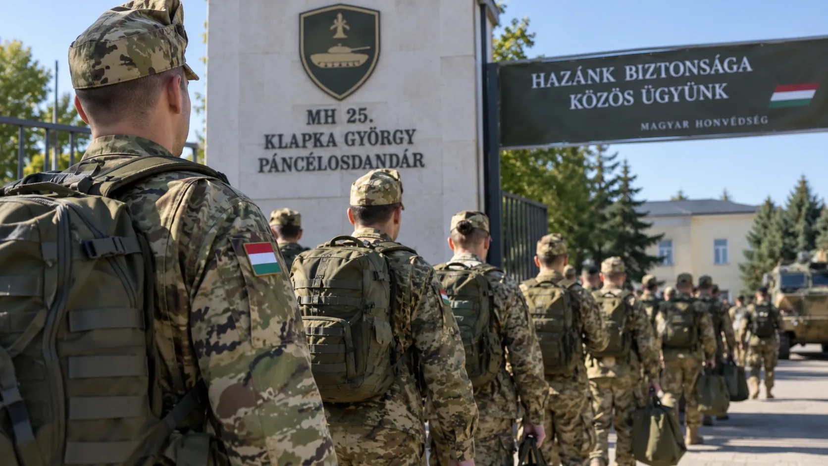 Katonák érkeznek a tatai MH 25. Klapka György Páncélosdandár laktanyájába a katonai alapkiképzést szemléltető illusztráción