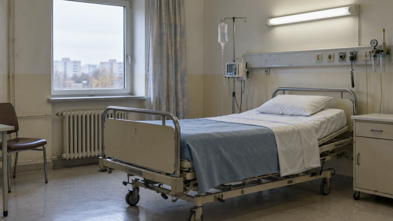 Üres, egyszerűen berendezett, kissé kopott kórházi szoba régebbi betegággyal, orvosi eszközökkel és elhasználódott bútorokkal.